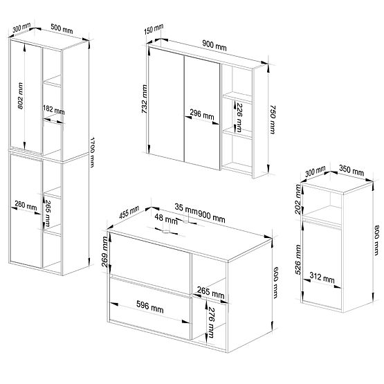 HÄNGENDE BADEZIMMERMÖBEL-SET MIT ÖFFNUNGEN VAMI WEISS / GRAPHITGRAU