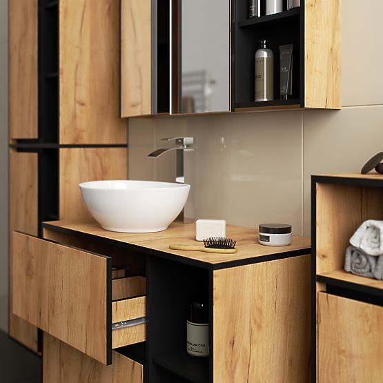 HÄNGENDER BADEZIMMERSCHRANK VAMI W35 1D 1W EICHE CRAFT / SCHWARZ