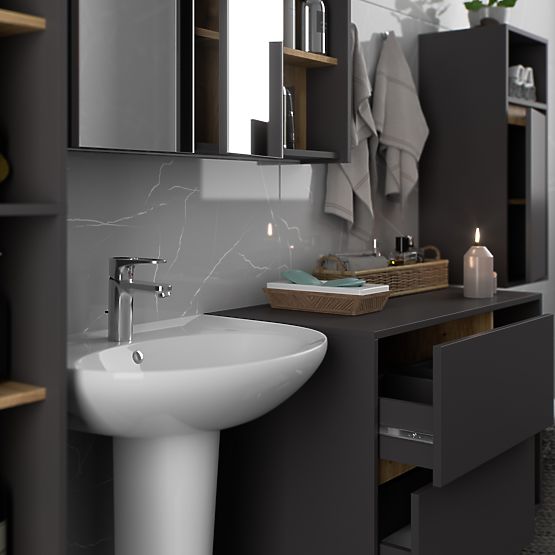 HÄNGENDER BADEZIMMERSCHRANK VAMI W35 1D 1W GRAPHITGRAU / EICHE ARTISAN