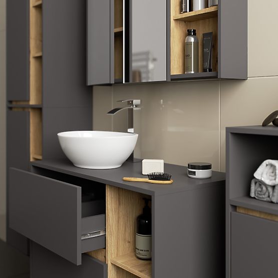 HÄNGENDER BADEZIMMERSCHRANK VAMI W35 1D 1W GRAPHITGRAU / EICHE ARTISAN