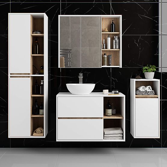 HÄNGENDER BADEZIMMERSCHRANK VAMI W50 2D 6P WEISS / EICHE SONOMA