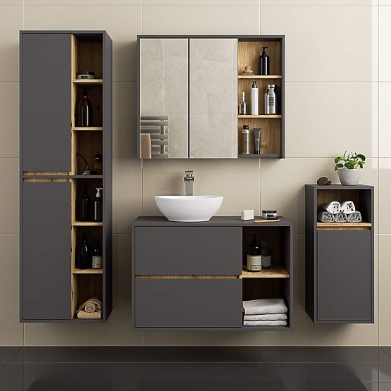 HÄNGENDER BADEZIMMERSCHRANK VAMI W50 GRAPHITGRAU / EICHE ARTISAN