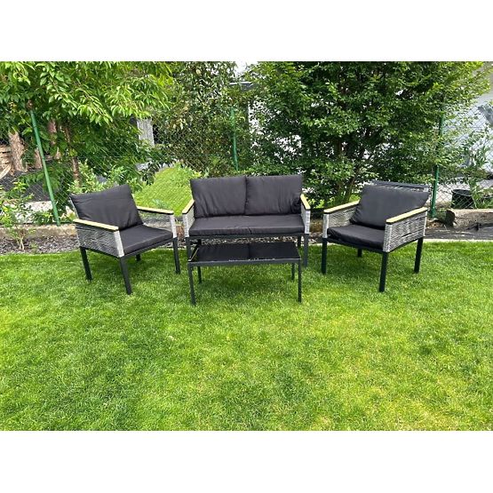 Kleine Balkonmöbel-Set (2 x Sessel, Sofa + Tisch) CORTO schwarzes Aluminium, graues Technorattan