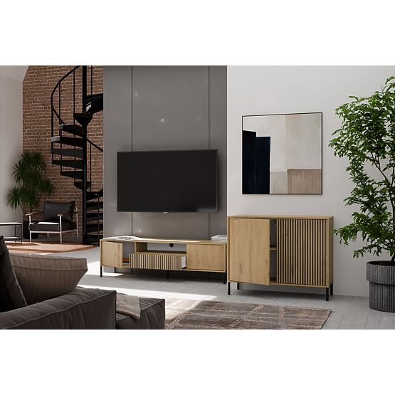 Kommode mit geriffelter Front Schrank KAMARO 2D Slim / Glatt EICHE ARTISAN Lamellen