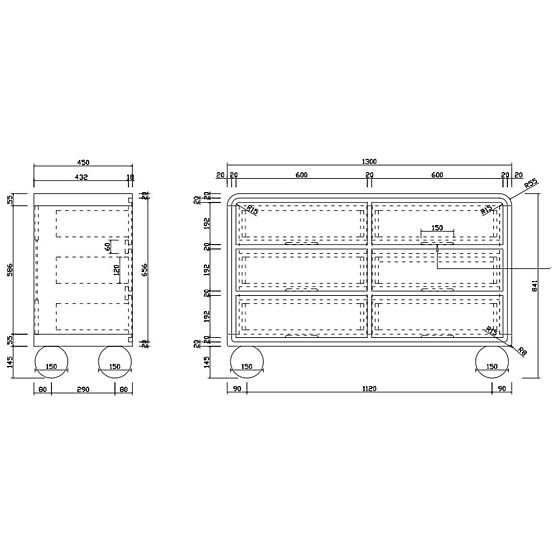 Kommode mit Schubladen Lauria 130 cm, weiß, abgerundet, Kugelfüße