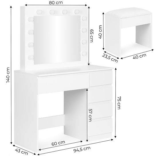 Kosmetiktisch mit Spiegel und Beleuchtung 5 Schubladen Hocker ModernHome