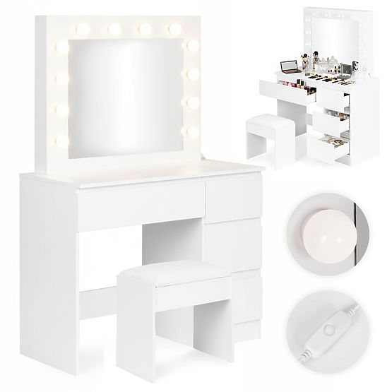 Kosmetischer Frisiertisch mit Spiegel und LED-Beleuchtung 4 Schubladen Hocker ModernHome