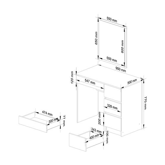 KOSMETISCHER SCHMINKTISCH MIT SPIEGEL T-6/SL 500x600 RECHTS WEISS