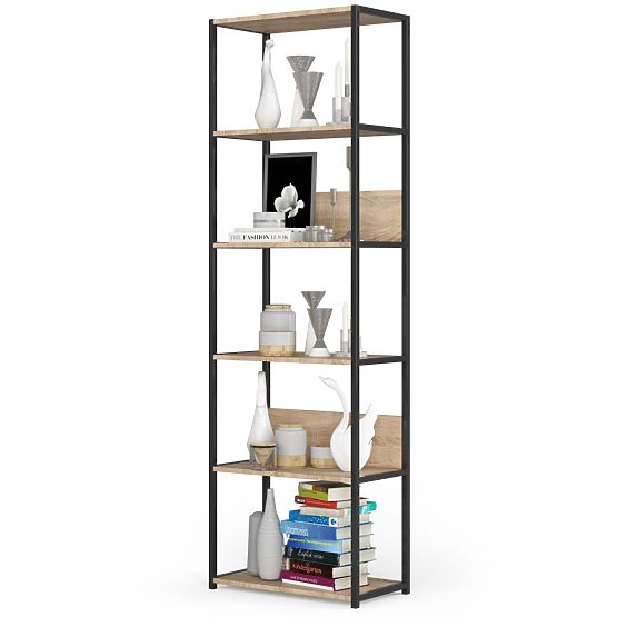 Metall-Loftregal 60 cm - Schwarz-Sonoma Eiche - 6 Regalböden