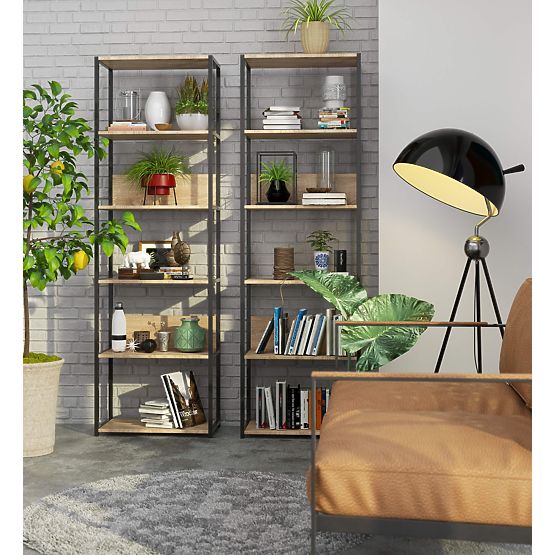 Metall-Loftregal 60 cm - Schwarz-Sonoma Eiche - 6 Regalböden