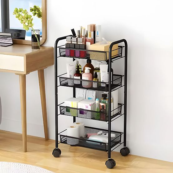 Metallischer Küchen- und Badezimmer-Organizer auf Rädern, 4 Regale, schwarz ModernHome