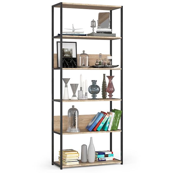 Metallisches Loft-Regal 80 cm - Schwarz-Sonoma Eiche - 6 Regalböden