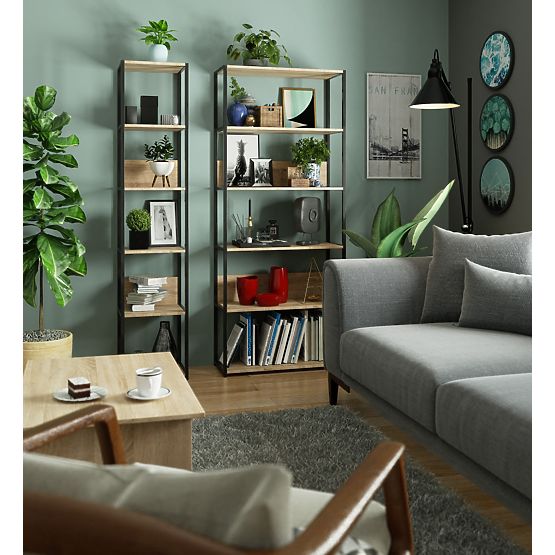 Metallisches Loft-Regal 80 cm - Schwarz-Sonoma Eiche - 6 Regalböden