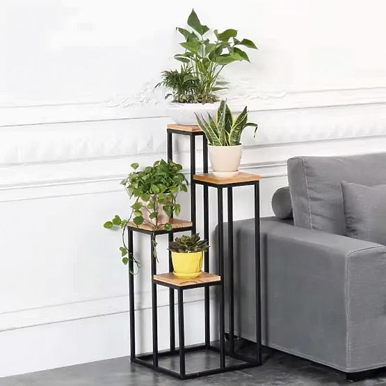 Pflanzenständer Regal für Pflanzen Dekorationen 4 Regale Metall MDF Dunkel Walnuss ModernHome