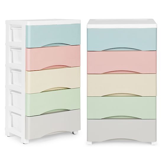 Regal mit 5 ausziehbaren Schubladen, Beine mit Rollen, bunte Schubladen ModernHome