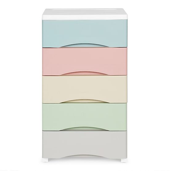 Regal mit 5 ausziehbaren Schubladen, Beine mit Rollen, bunte Schubladen ModernHome