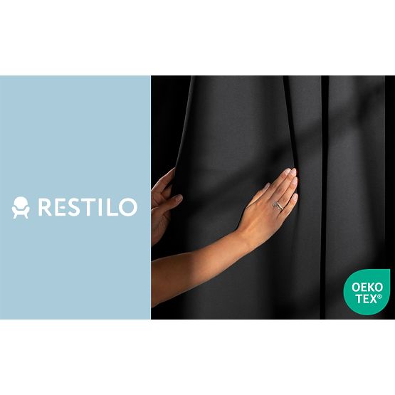 RESTILO BLACKOUT Vorhang schwarz, Halteband, klassischer Stil, silberne Ösen, Material b