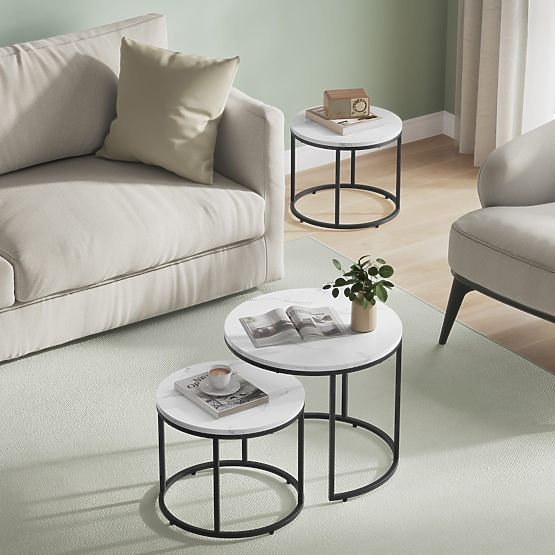 Runder Couchtisch 2er Set - Marmor / schwarze Beine