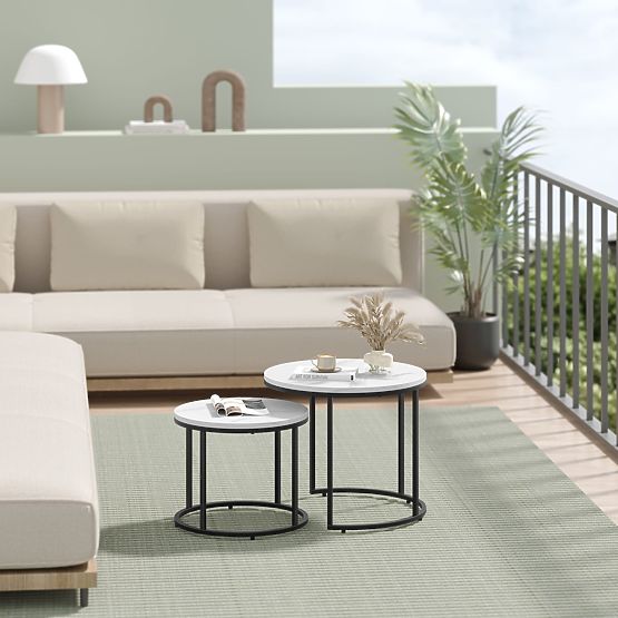 Runder Couchtisch 2er Set - Marmor / schwarze Beine