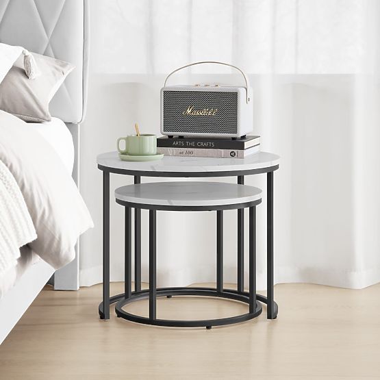 Runder Couchtisch 2er Set - Marmor / schwarze Beine