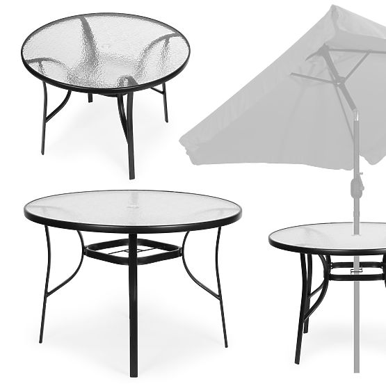 Runder Gartentisch 105 cm für Terrasse, Garten, Balkon, gehärtetes Glas, Sonnenschirmöffnung MultiGa