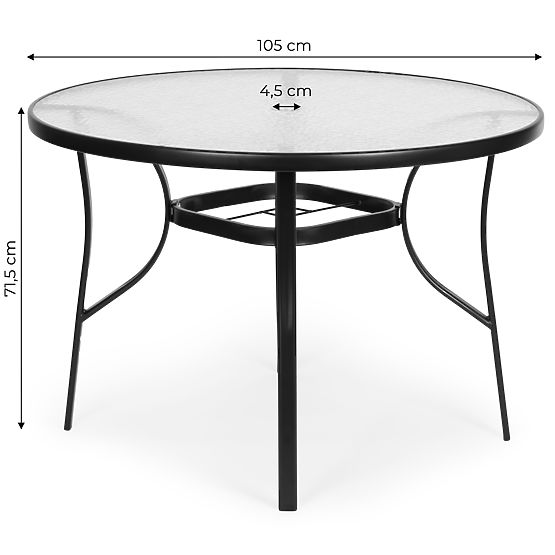Runder Gartentisch 105 cm für Terrasse, Garten, Balkon, gehärtetes Glas, Sonnenschirmöffnung MultiGa