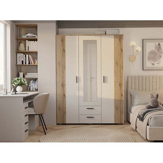 SCHRANK AVA 150 CM SPIEGEL 2 SCHUBLADEN GERILLTE FRONT EICHE EVOKE KASCHMIR BEIGE