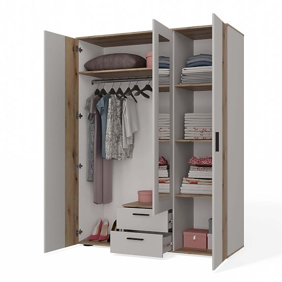 SCHRANK AVA 150 CM SPIEGEL 2 SCHUBLADEN GERILLTE FRONT EICHE EVOKE KASCHMIR BEIGE