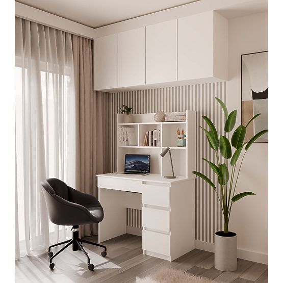 Schreibtisch MIJAS Links mit Aufsatz Mattweiß 4 Schubladen 4 Regale für Büro und Zimmer