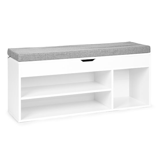 Schuhschrank mit grauem Kissen und aufklappbarem Sitz 3 Regale weiß