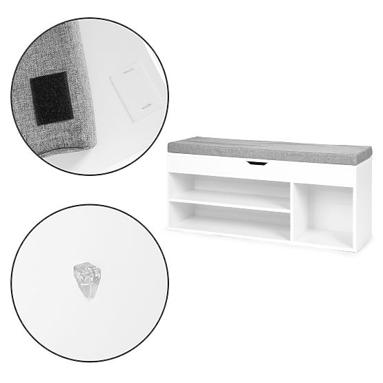 Schuhschrank mit grauem Kissen und aufklappbarem Sitz 3 Regale weiß