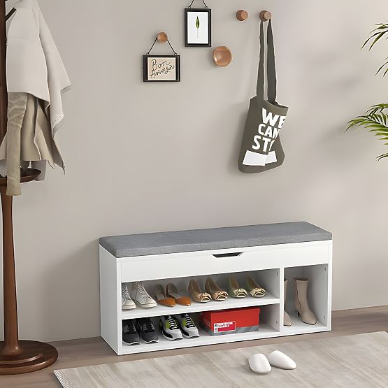 Schuhschrank mit grauem Kissen und aufklappbarem Sitz 3 Regale weiß