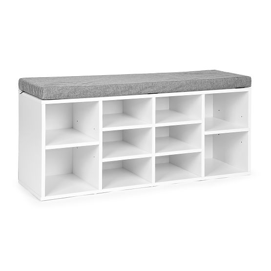 Schuhschrank mit grauem Polster 10 Regale weiß