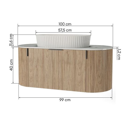 Set aus Schrank mit Platte und Waschbecken La simplicite 100 cm, geriffelt, abgerundet, Glit White/E