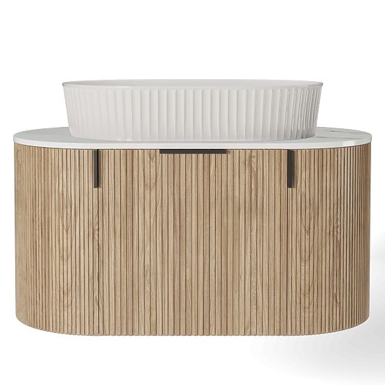 Set aus Schrank mit Platte und Waschbecken La simplicite 80 cm, gerillt, abgerundet, Glit White/Eich