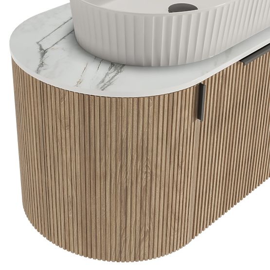 Set aus Schrank mit Platte und Waschbecken La simplicite 80 cm, gerillt, abgerundet, Glit White/Eich