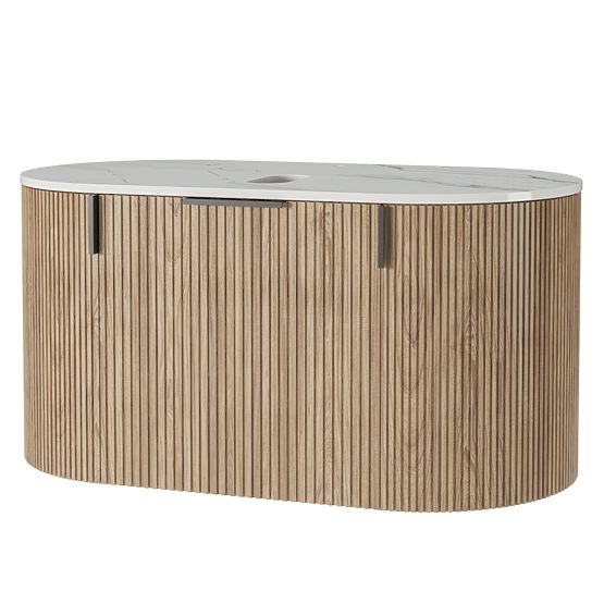 Set aus Schrank mit Platte und Waschbecken La simplicite 80 cm, gerillt, abgerundet, Glit White/Eich