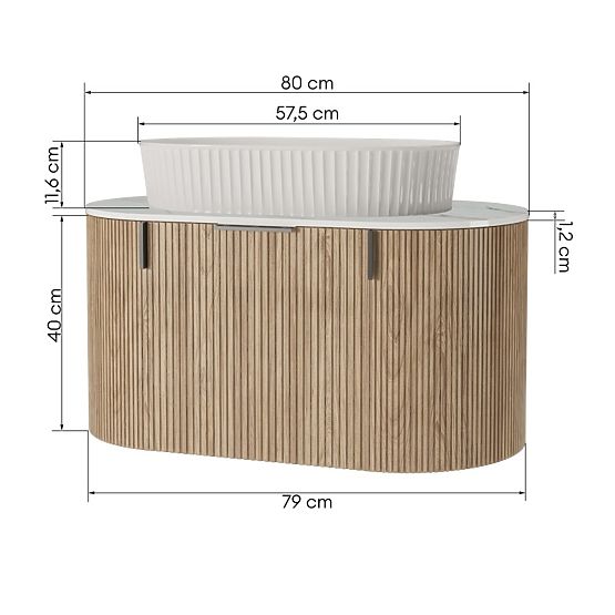 Set aus Schrank mit Platte und Waschbecken La simplicite 80 cm, gerillt, abgerundet, Glit White/Eich