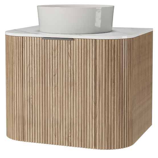 Set aus Schrank mit Platte und Waschbecken Matinale 60 cm, geriffelt, abgerundet, Glit White/Akazie