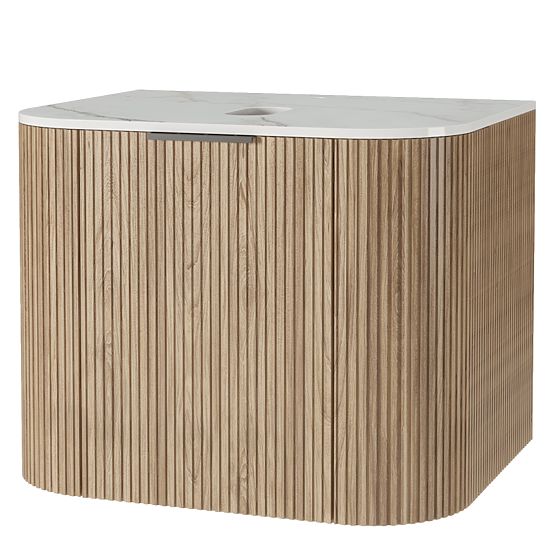 Set aus Schrank mit Platte und Waschbecken Matinale 60 cm, geriffelt, abgerundet, Glit White/Akazie
