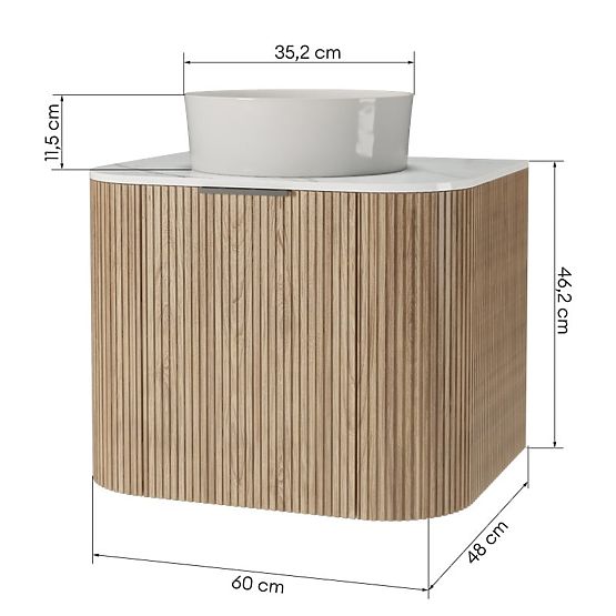 Set aus Schrank mit Platte und Waschbecken Matinale 60 cm, geriffelt, abgerundet, Glit White/Akazie