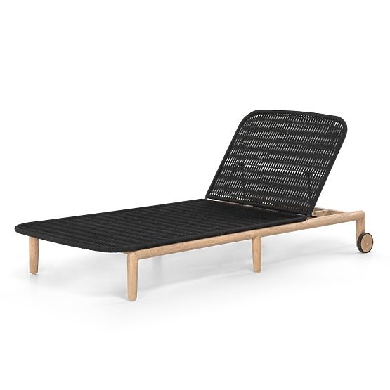 Verstellbare Gartenliege Komorebi, helles Akazienholz, Stahl, Geflecht, beige