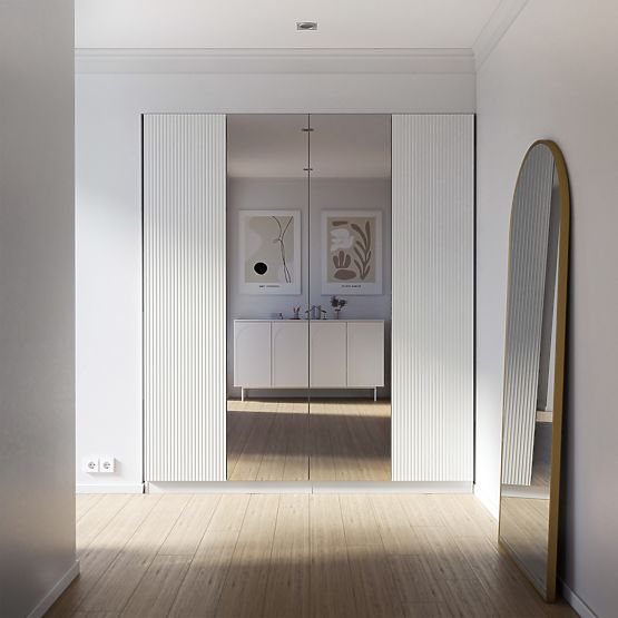 Vierflügeltürenschrank Neroli, einfache Rillen/Spiegel, weiß