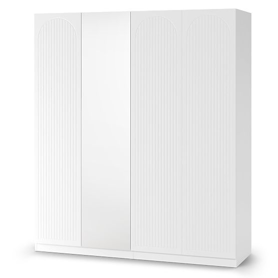 Viertüriger Schrank Neroli, Rillen im Bogen/Spiegel, weiß