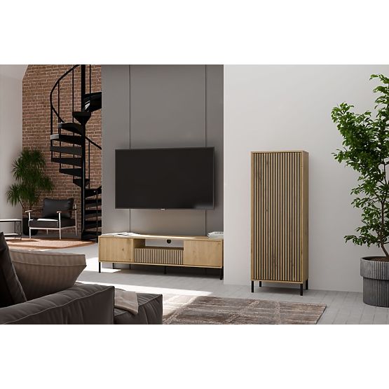 Vitrine KAMARO 1DD SLIM EICHE ARTISAN Lamellen-Frontplatte