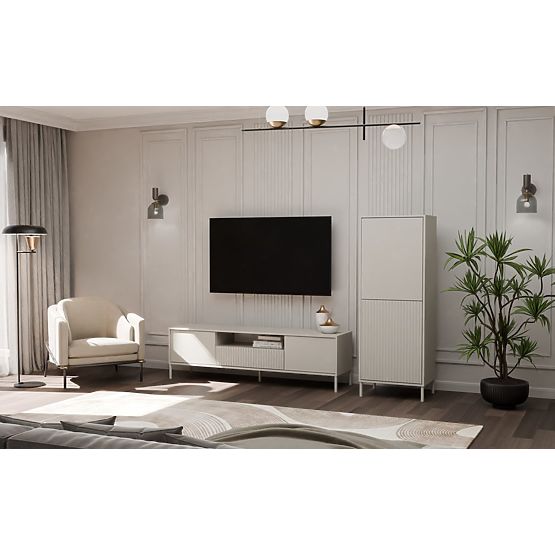 Vitrine KAMARO 2DK SLIM/GLATT KASCHMIR Lamellenstruktur + Klassisches Frontpanel