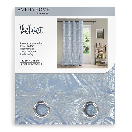 Vorhang SILVERLEAVES Farbe Hellblau bedruckter Glamour-Stil silberne Ösen Samt 140x245 AmeliaH