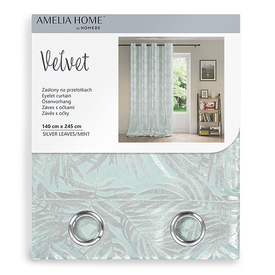 Vorhang SILVERLEAVES mintfarbene Farbe gedruckter Glamour-Stil silberne Ösen Samt 140x245 AmeliaHom