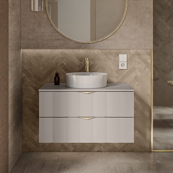 Waschtischunterschrank Omi 80 cm, gewelltes Frontpanel, goldene Griffe, kaschmirbeige