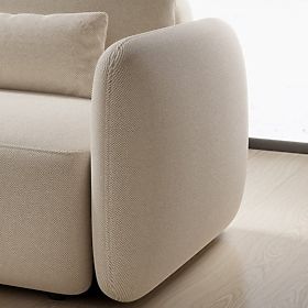Ausziehbares Ecksofa Mossa mit Stauraum, linke Seite, hellbeige, abgerundete Formen